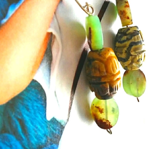 Jade Dangle Earrings & CARVED Brazilian Agate EXOTIC 1.5" Drop Artsy Modern - Picture 3 of 10